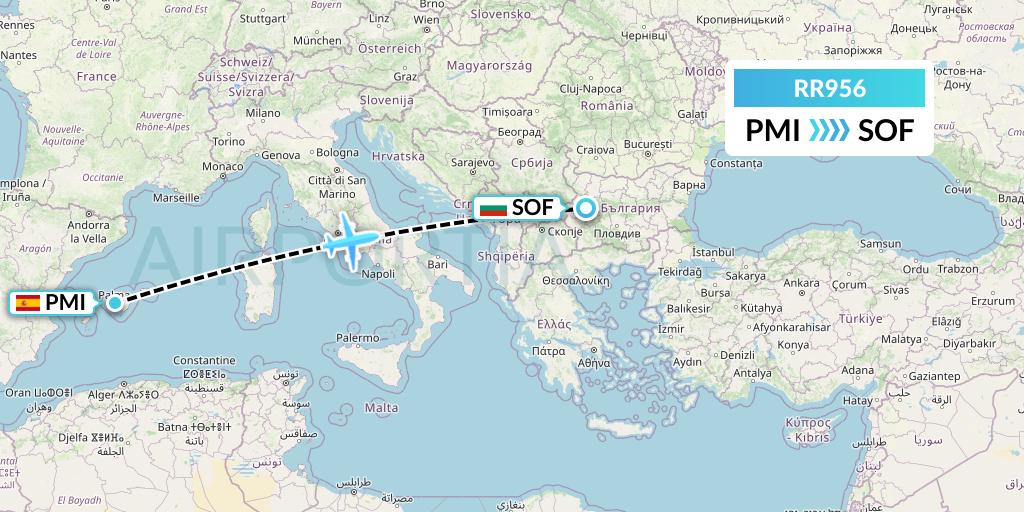 RR956 Royal Air Force Flight Map: Palma de Mallorca to Sofia