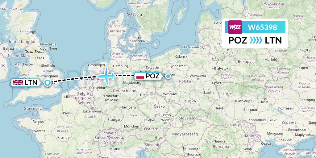 W65398 Wizz Air Flight Map: Poznan to London
