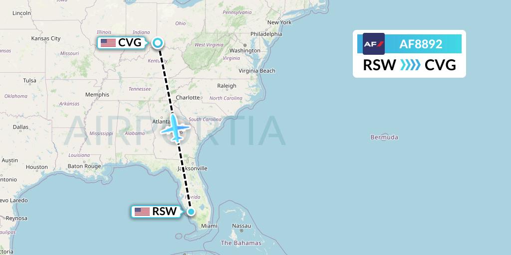 AF8892 Air France Flight Map: Fort Myers to Cincinnati