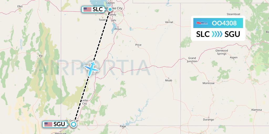 OO4308 SkyWest Airlines Flight Map: Salt Lake City to St. George