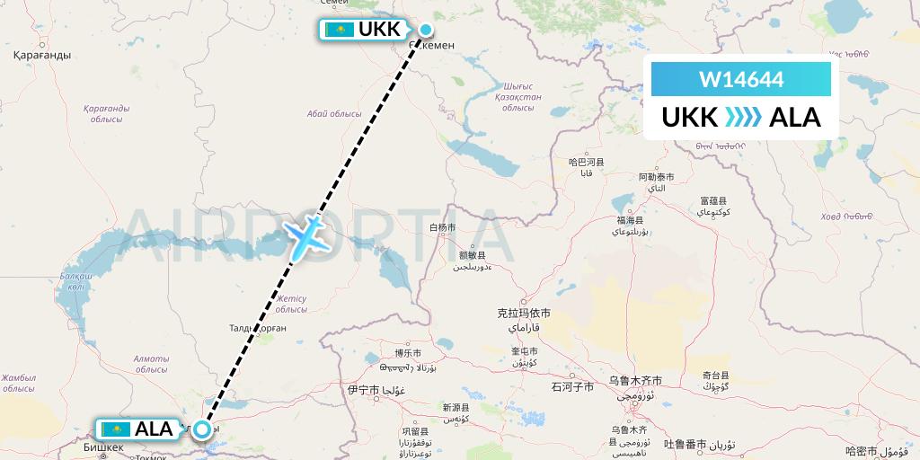 W14644 World Ticket Ltd Flight Map: Oskemen to Almaty