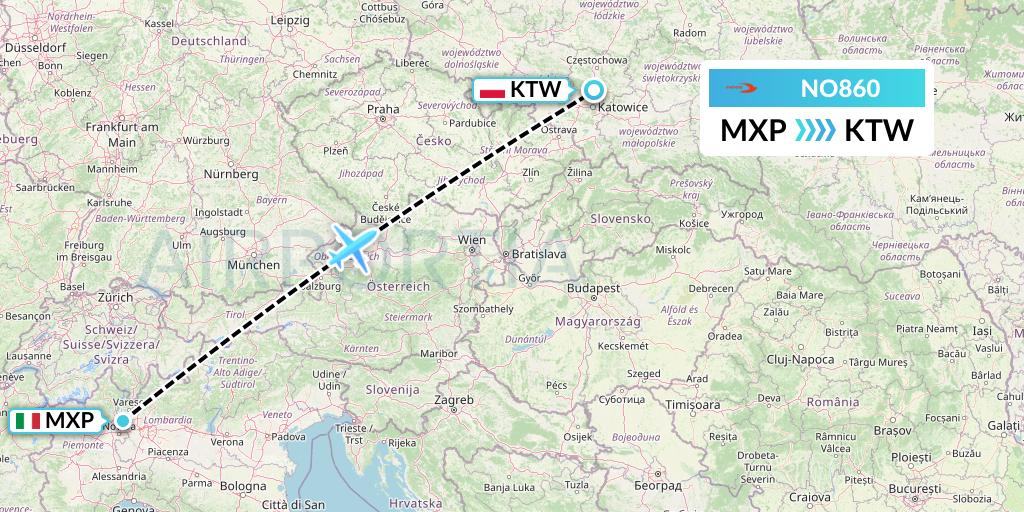 NO860 Neos Flight Map: Milan to Katowice