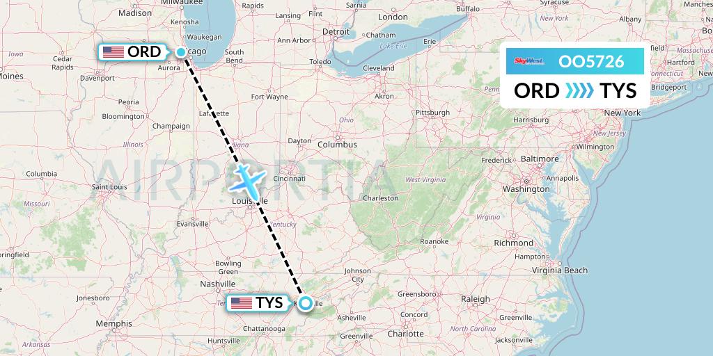OO5726 SkyWest Airlines Flight Map: Chicago to Knoxville