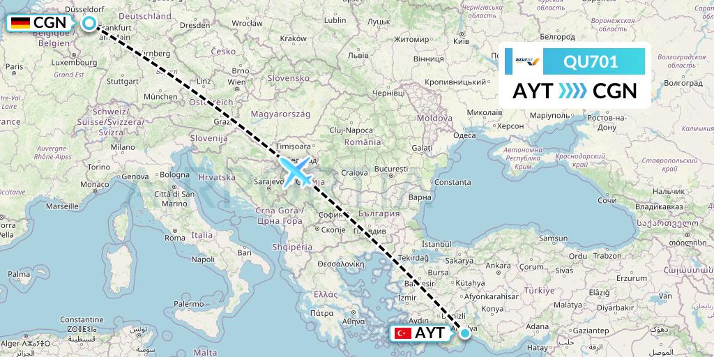 QU701 Azur Air Ukraine Flight Map: Antalya to Cologne