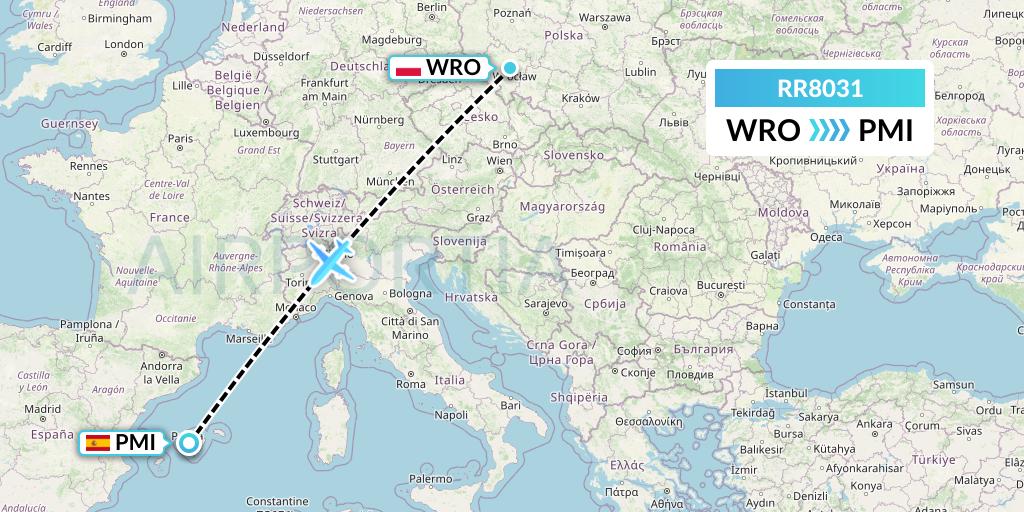 RR8031 Royal Air Force Flight Map: Wroclaw to Palma de Mallorca