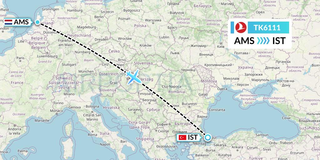 TK6111 Turkish Airlines Flight Map: Amsterdam to Istanbul