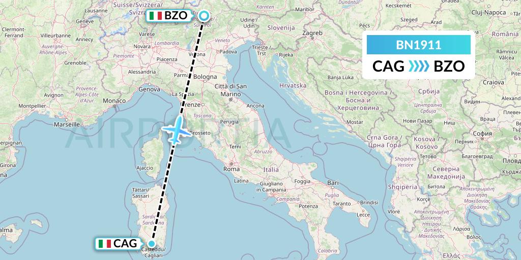 BN1911 Forward Air International Airlines Flight Map: Cagliari to Bolzano