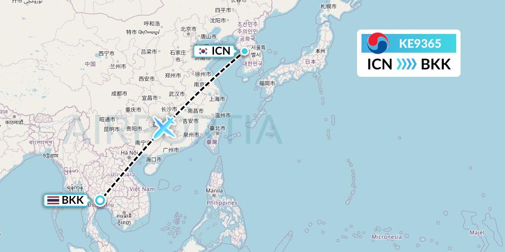 KE9365 Korean Air Flight Map: Seoul to Bangkok