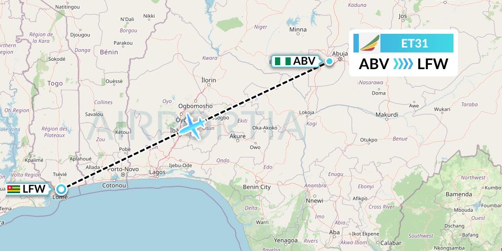 ET31 Ethiopian Airlines Flight Map: Abuja to Lome