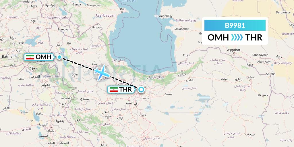 B9981 Iran Air Tours Flight Map: Urmia to Tehran