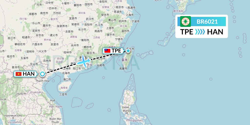 BR6021 EVA Air Flight Map: Taipei to Hanoi
