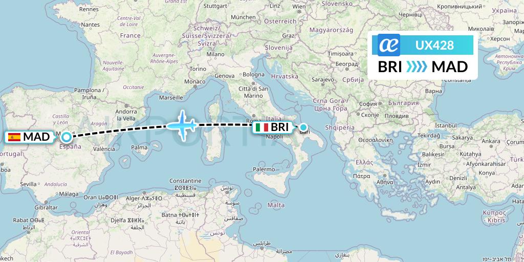 UX428 Air Europa Flight Map: Bari to Madrid