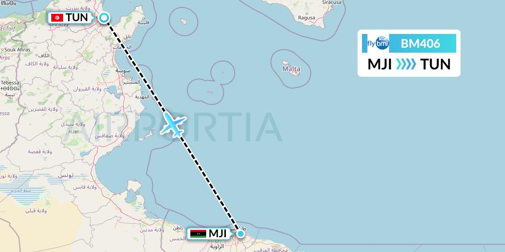 BM406 BMI Regional Flight Map: Tripoli to Tunis