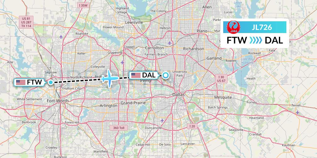 JL726 Japan Airlines Flight Map: Fort Worth to Dallas
