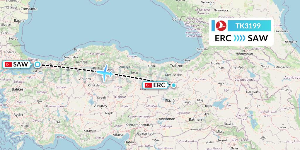 TK3199 Turkish Airlines Flight Map: Erzincan to Istanbul