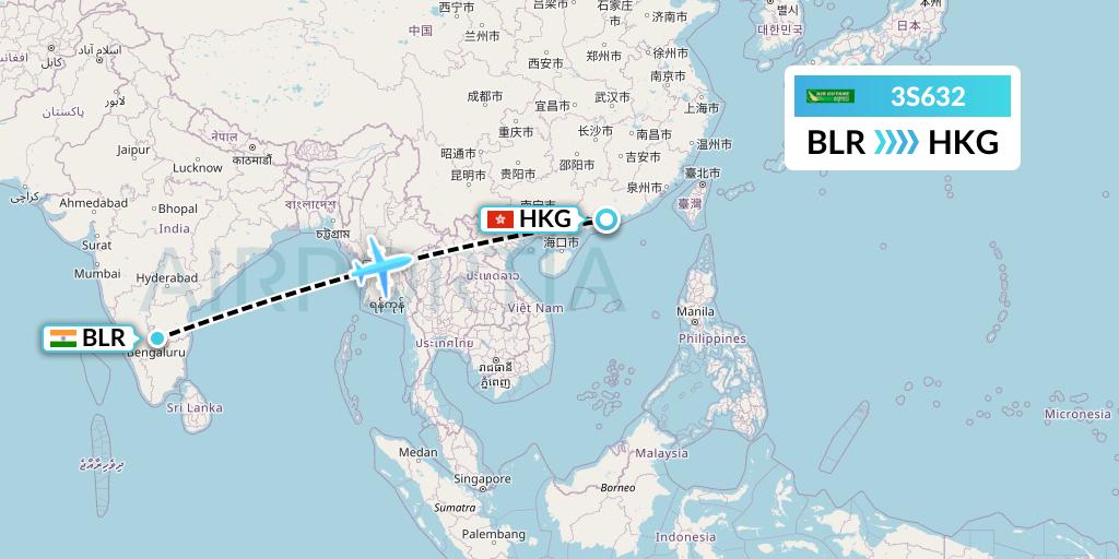 3S632 Air Antilles Express Flight Map: Bangalore to Hong Kong