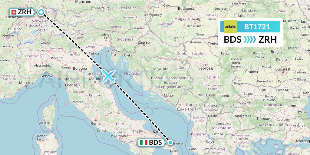 BT1721 Air Baltic Flight Map: Brindisi to Zurich