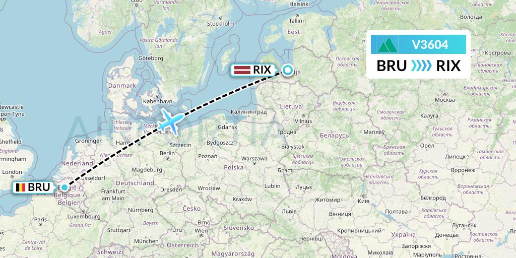 V3604 Carpatair Flight Map: Brussels to Riga