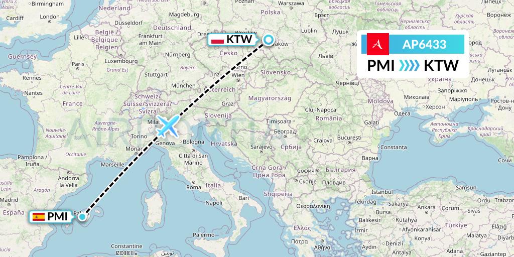 AP6433 AlbaStar Flight Map: Palma de Mallorca to Katowice