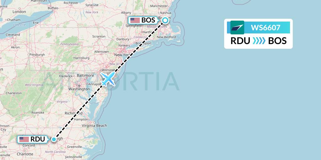 WS6607 WestJet Flight Map: Raleigh-Durham to Boston