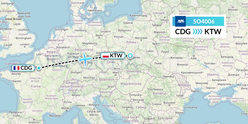 5O4006 ASL Airlines France Flight Map: Paris to Katowice