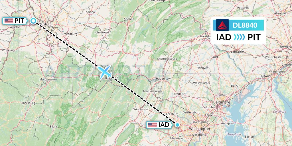 DL8840 Delta Air Lines Flight Map: Washington to Pittsburgh