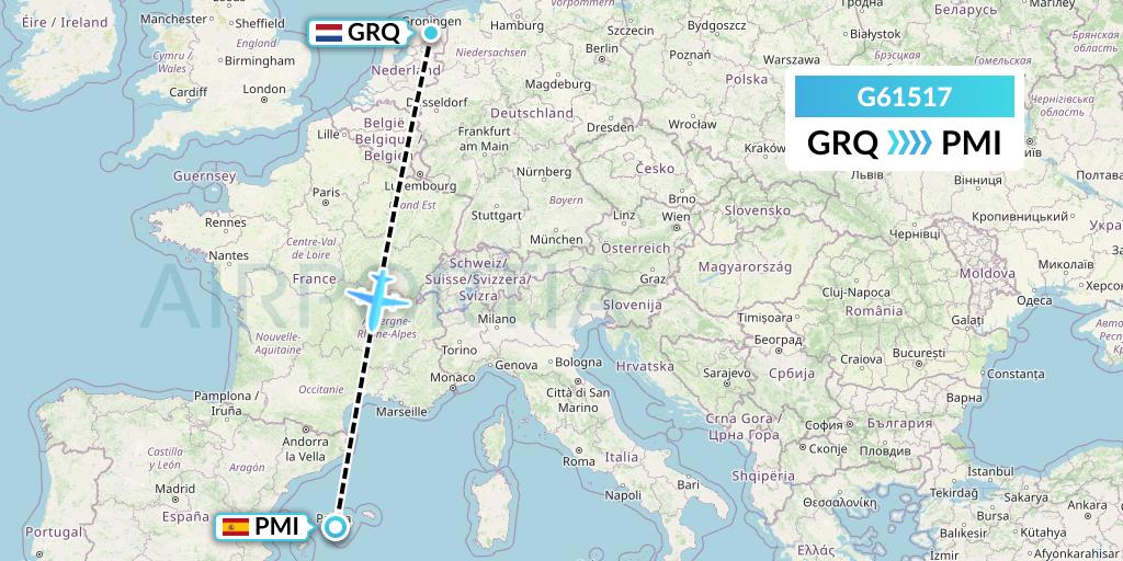 G61517 Fly Arna Flight Map: Groningen to Palma de Mallorca