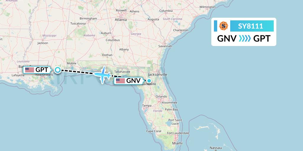 SY8111 Sun Country Airlines Flight Map: Gainesville to Gulfport