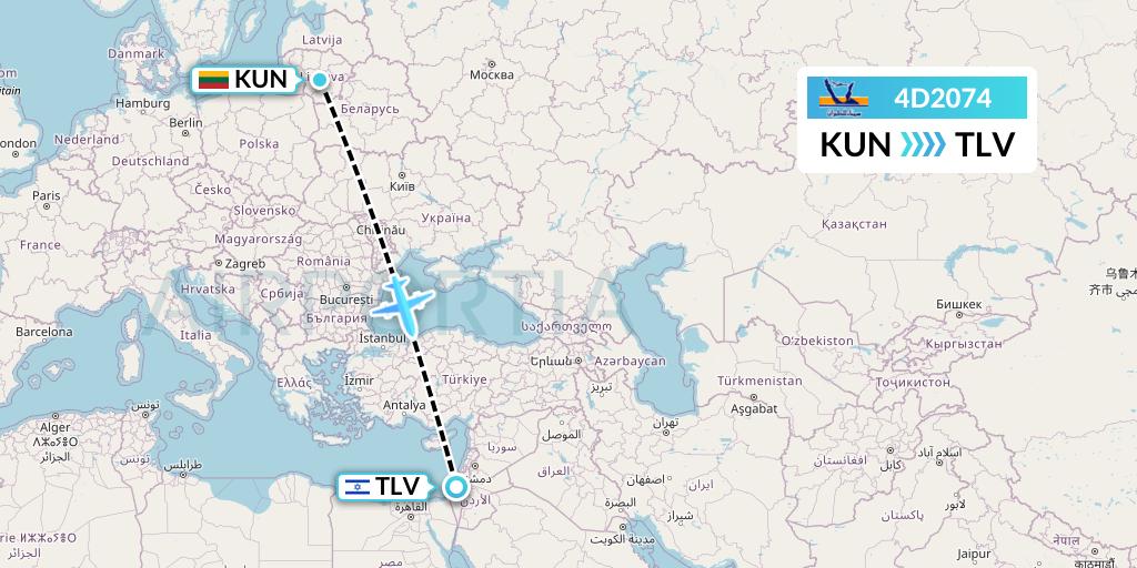 4D2074 Air Sinai Flight Map: Kaunas to Tel Aviv
