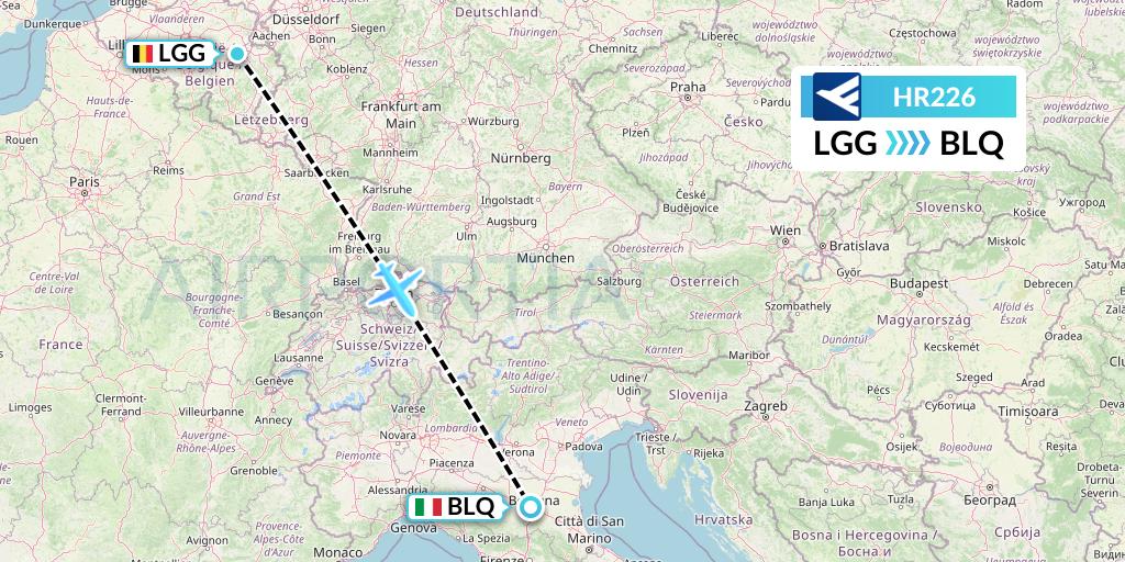 HR226 Hahn Air Flight Map: Liege to Bologna
