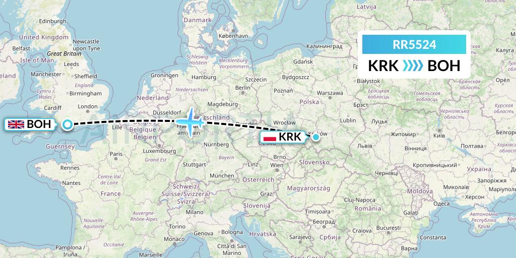 RR5524 Royal Air Force Flight Map: Krakow to Bournemouth