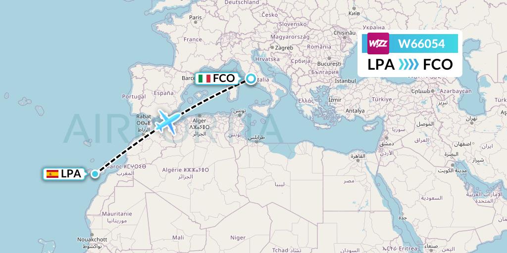 W66054 Wizz Air Flight Map: Las Palmas to Rome