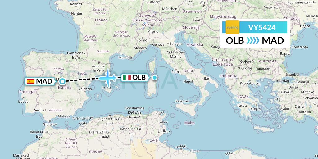 VY5424 Vueling Flight Map: Olbia to Madrid