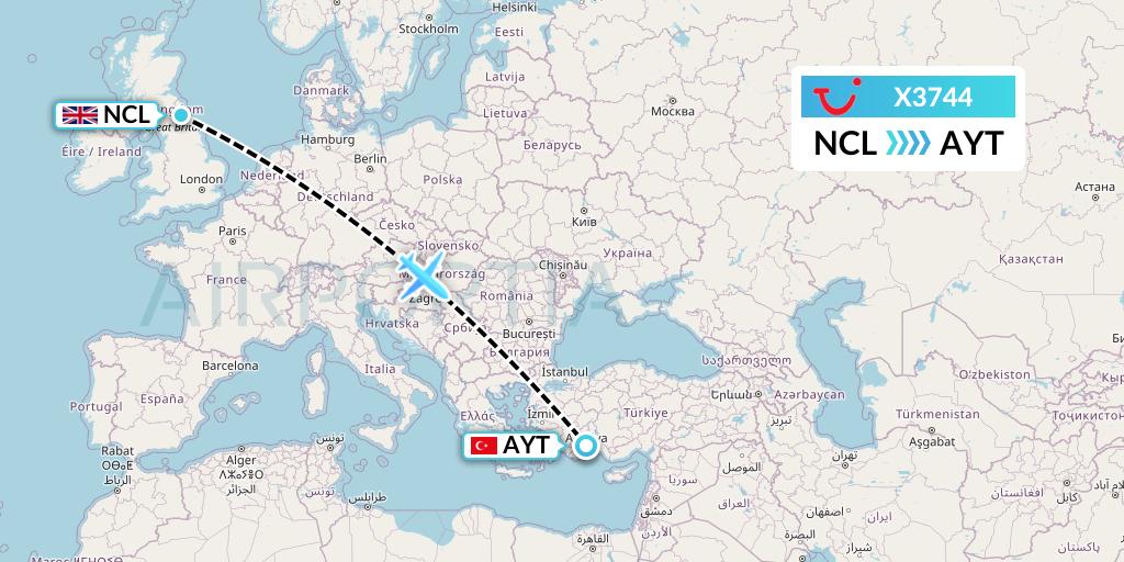 X3744 TUI fly Germany Flight Map: Newcastle to Antalya