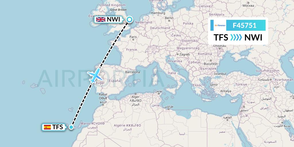 F45751 Air Flamenco Flight Map: Tenerife to Norwich
