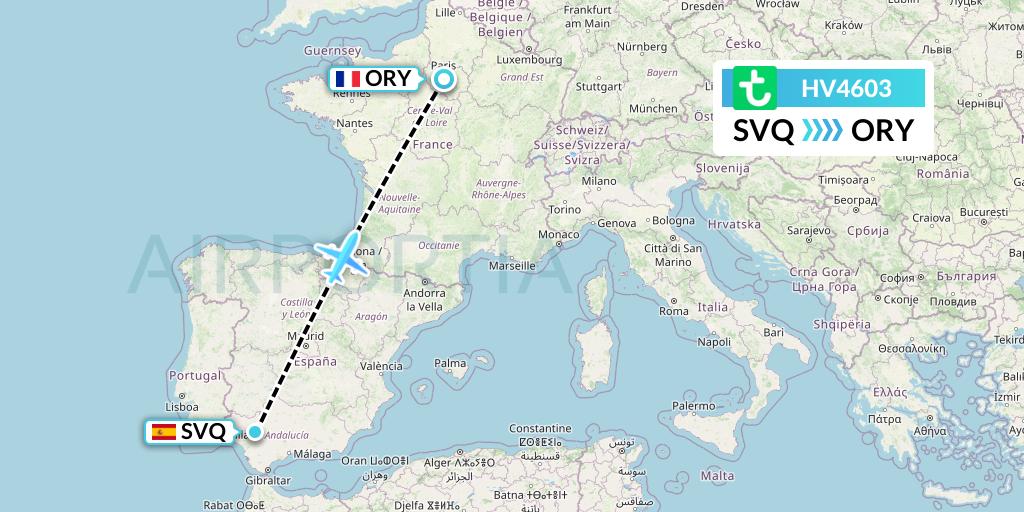 HV4603 Transavia Flight Map: Seville to Paris