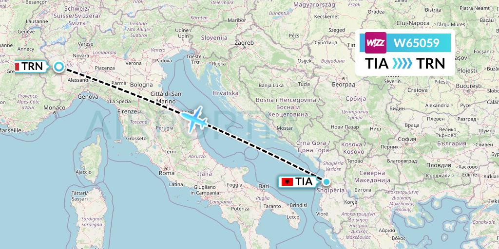 W65059 Wizz Air Flight Map: Tirana to Turin