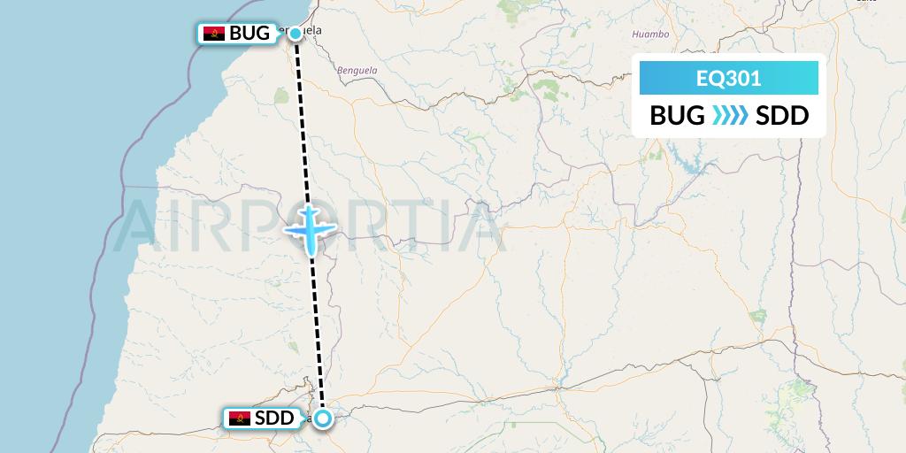 EQ301 Fly Angola Flight Map: Benguela to Lubango