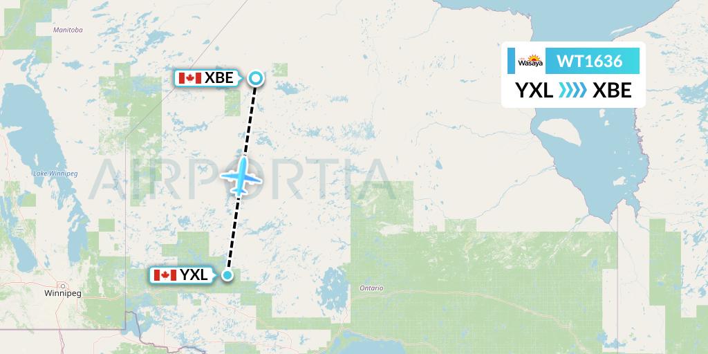 WT1636 Swiftair Flight Map: Sioux Lookout to Bearskin Lake