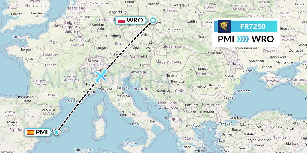 FR7250 Ryanair Flight Map: Palma de Mallorca to Wroclaw