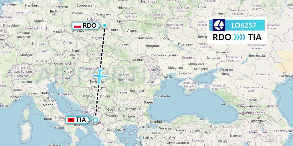 LO6257 LOT Flight Map: Radom to Tirana
