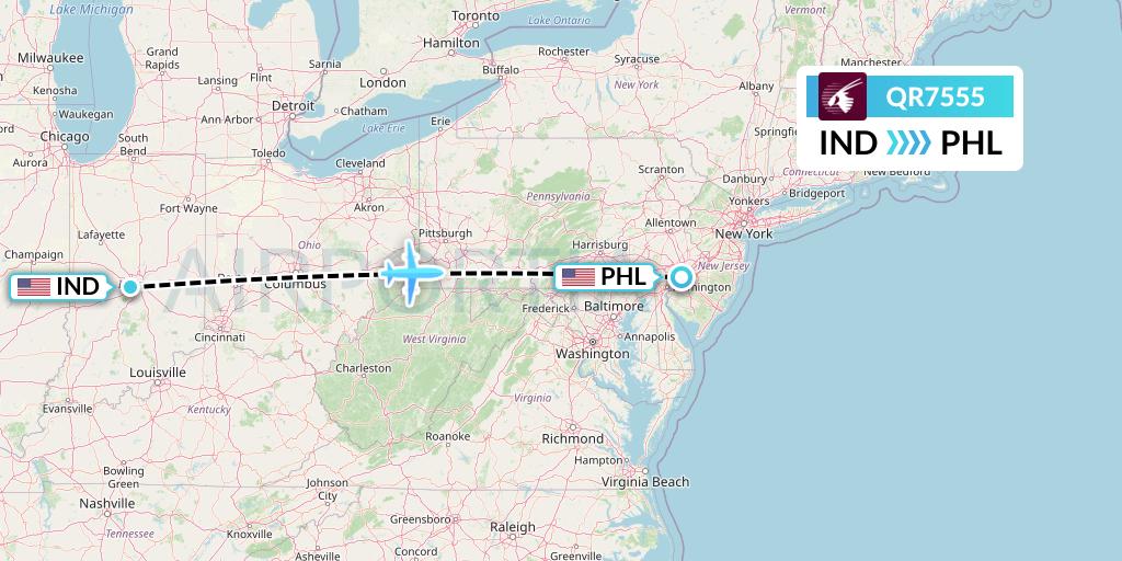 QR7555 Qatar Airways Flight Map: Indianapolis to Philadelphia