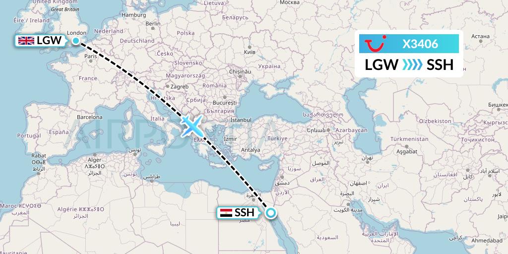 X3406 TUI fly Germany Flight Map: London to Sharm el-Sheikh