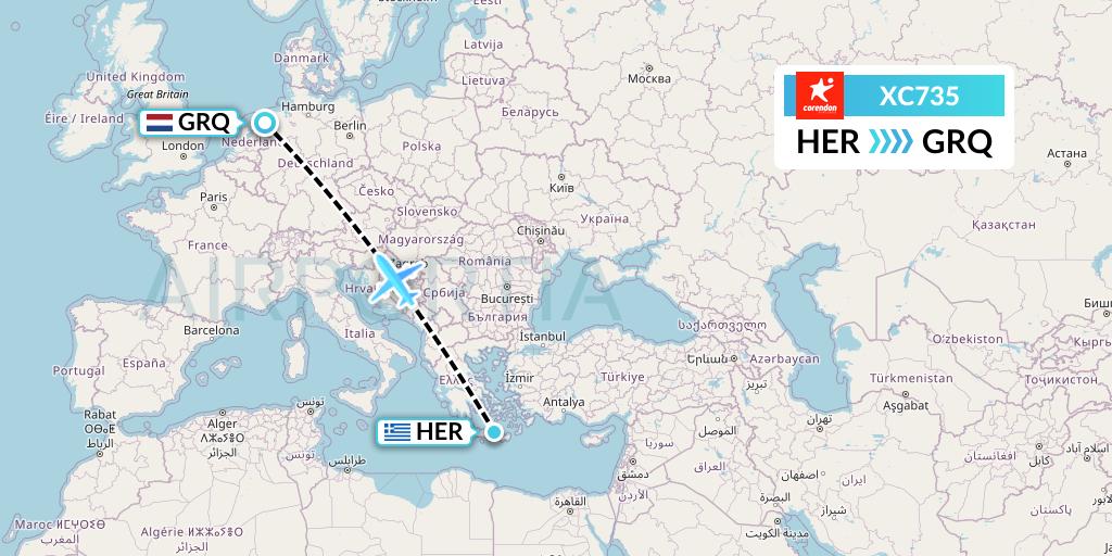 XC735 Corendon Airlines Flight Map: Heraklion to Groningen