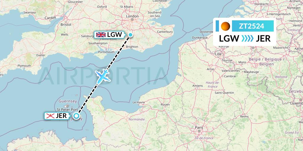 ZT2524 Titan Airways Flight Map: London to Jersey