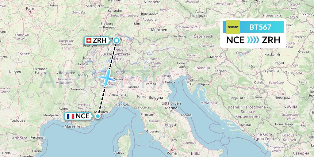 BT567 Air Baltic Flight Map: Nice to Zurich