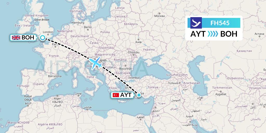 FH545 Freebird Airlines Flight Map: Antalya to Bournemouth