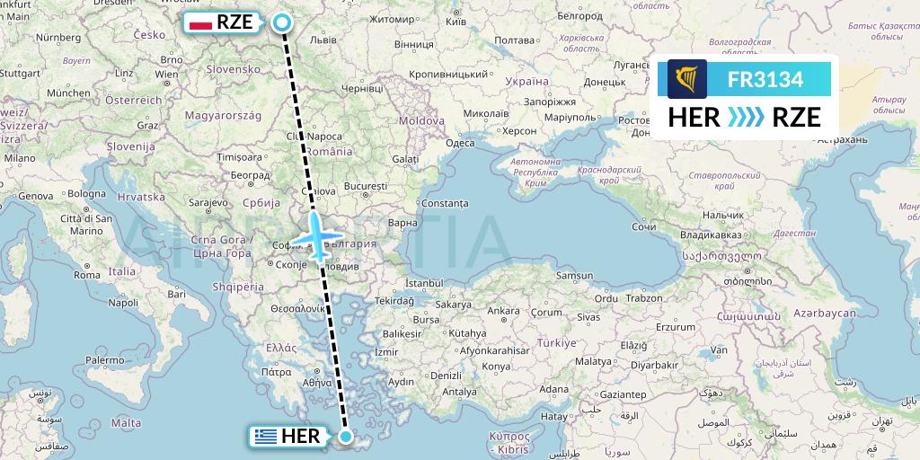 FR3134 Ryanair Flight Map: Heraklion to Rzeszow