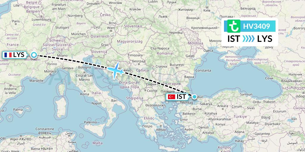 HV3409 Transavia Flight Map: Istanbul to Lyon
