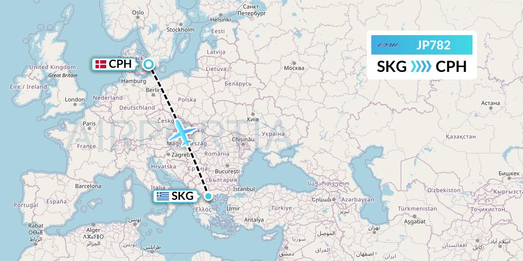 JP782 Adria Airways Flight Map: Thessaloniki to Copenhagen